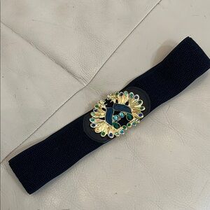 Lilly Pulitzer Elegant Navy Blue Belt with Gold and Blue Peacock Design